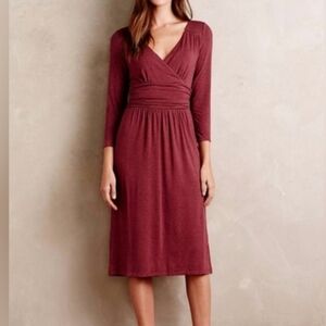 Maeve Galena 3/4 Sleeve Midi Dress Burgundy L V Neck Stretch Knit